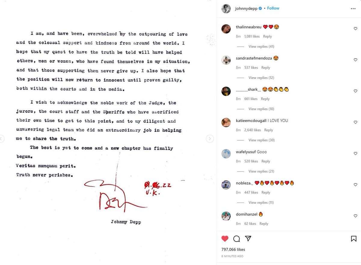 OMGshortstack's tweet photo. Johnny Depp's Statement from Instagram.
#JohnnyDepp #deppvsheardtrial https://t.co/34Q1BQtbRv