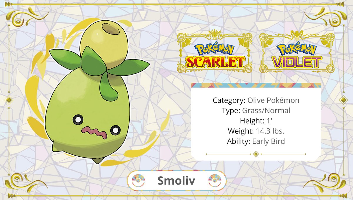 Meet Smoliv, the Olive Pokémon! 😖

In the fruit on its head, Smoliv stores oil made from nutrients it gathers through photosynthesis. It prefers dry and sunny climates, and it seems to spend its days sunbathing.

❤️💜 #ScarletViolet