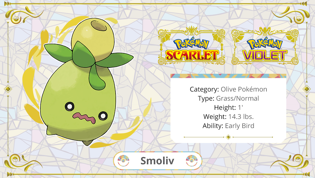 Pokémon on Twitter: "Meet Smoliv, the Olive Pokémon! 😖 In the fruit on its  head, Smoliv stores oil made from nutrients it gathers through  photosynthesis. It prefers dry and sunny climates, and