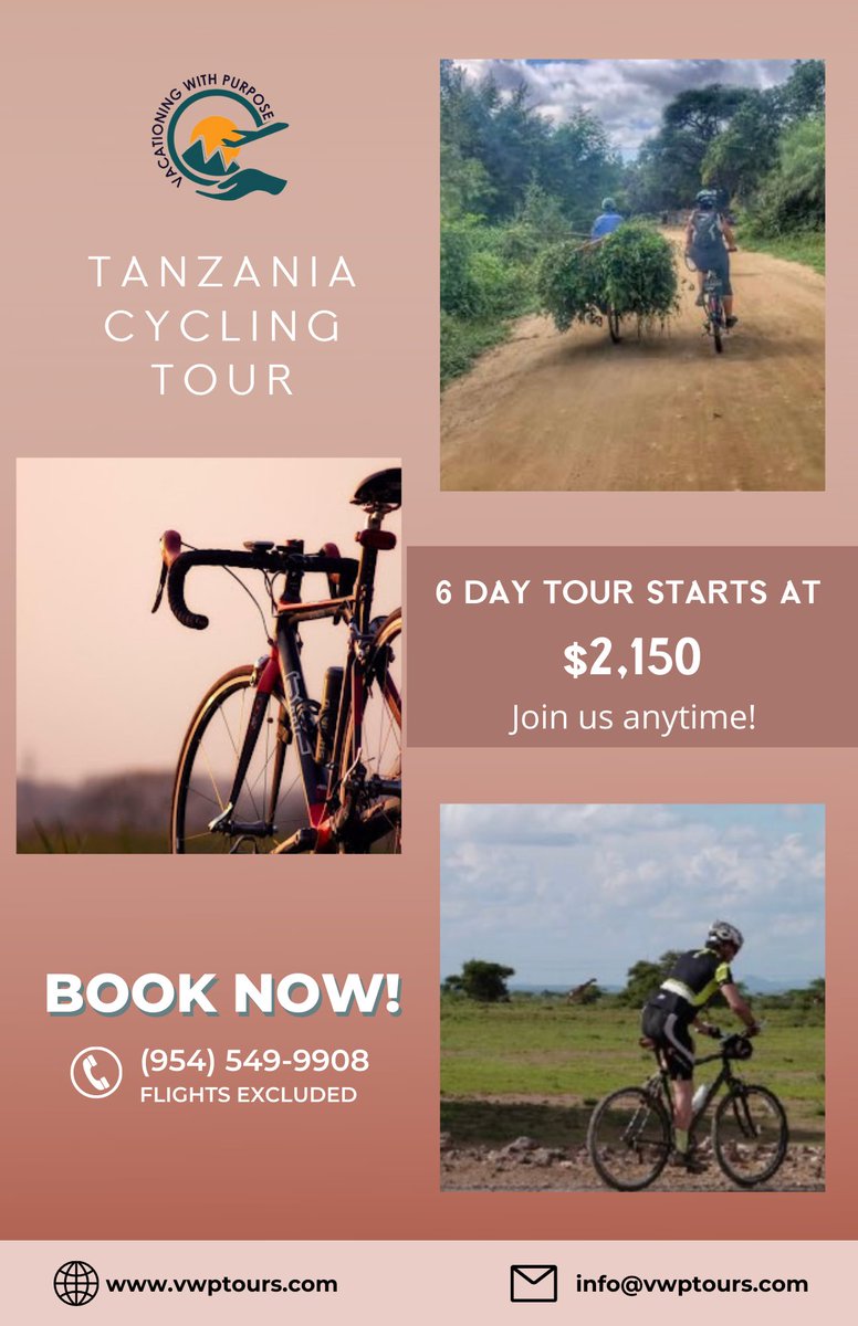 vacaywpurpose's tweet photo. Join Tanzania Cycling Tour anytime!

Did you know Tanzania is home to Serengeti, one of the oldest national parks in the world?

For more information visit: https://t.co/WckSG0Kpwk

#tanzania #bicycle #cycling #tour #travel #nature #explore #vacation #vacationwithpurpose #summer https://t.co/8YwFSgEDit