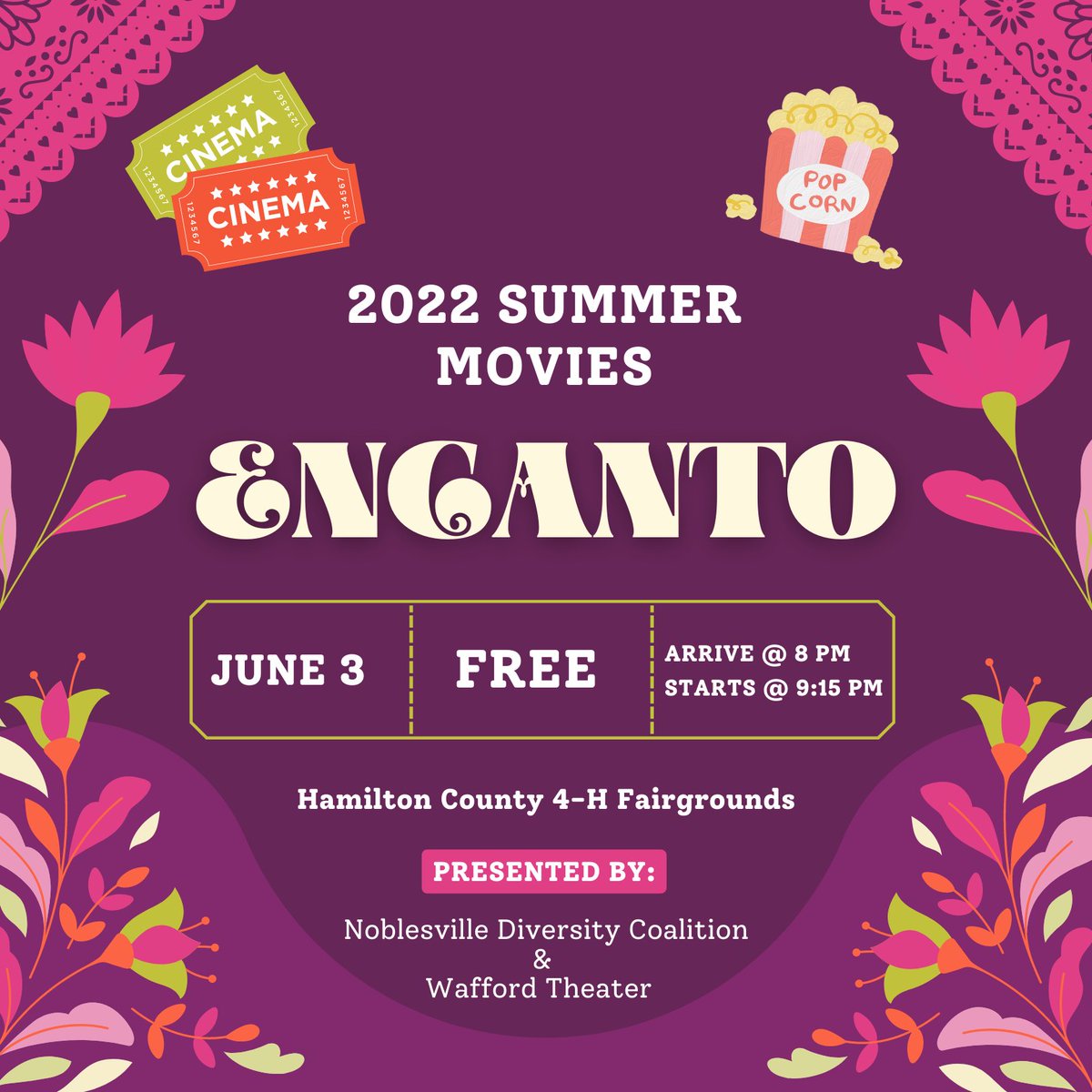 🍿REMINDER🍿 This Friday, June 3, there will be a showing of "Encanto" at the Hamilton County 4-H Fairgrounds!

Pack a cooler, pop some popcorn, and come and enjoy an award-winning film! 🎞️