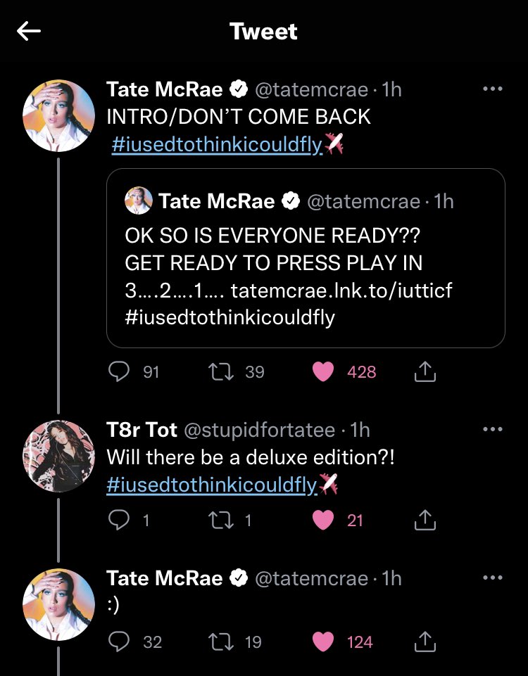 💿| <a href="/tatemcrae/">Tate McRae</a> seems to be hinting a deluxe edition of #iusedtothinkicouldfly in a recent twitter reply.

“:)”