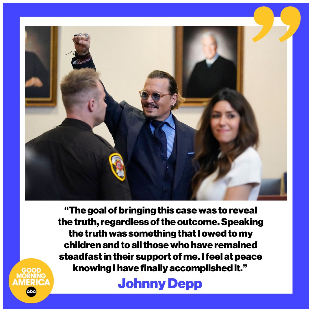 GMA's tweet photo. Johnny Depp: “The goal of bringing this case was to reveal the truth, regardless of the outcome...I feel at peace knowing I have finally accomplished it.” https://t.co/Vyq8KFhaGz https://t.co/5SmmjGSOo8