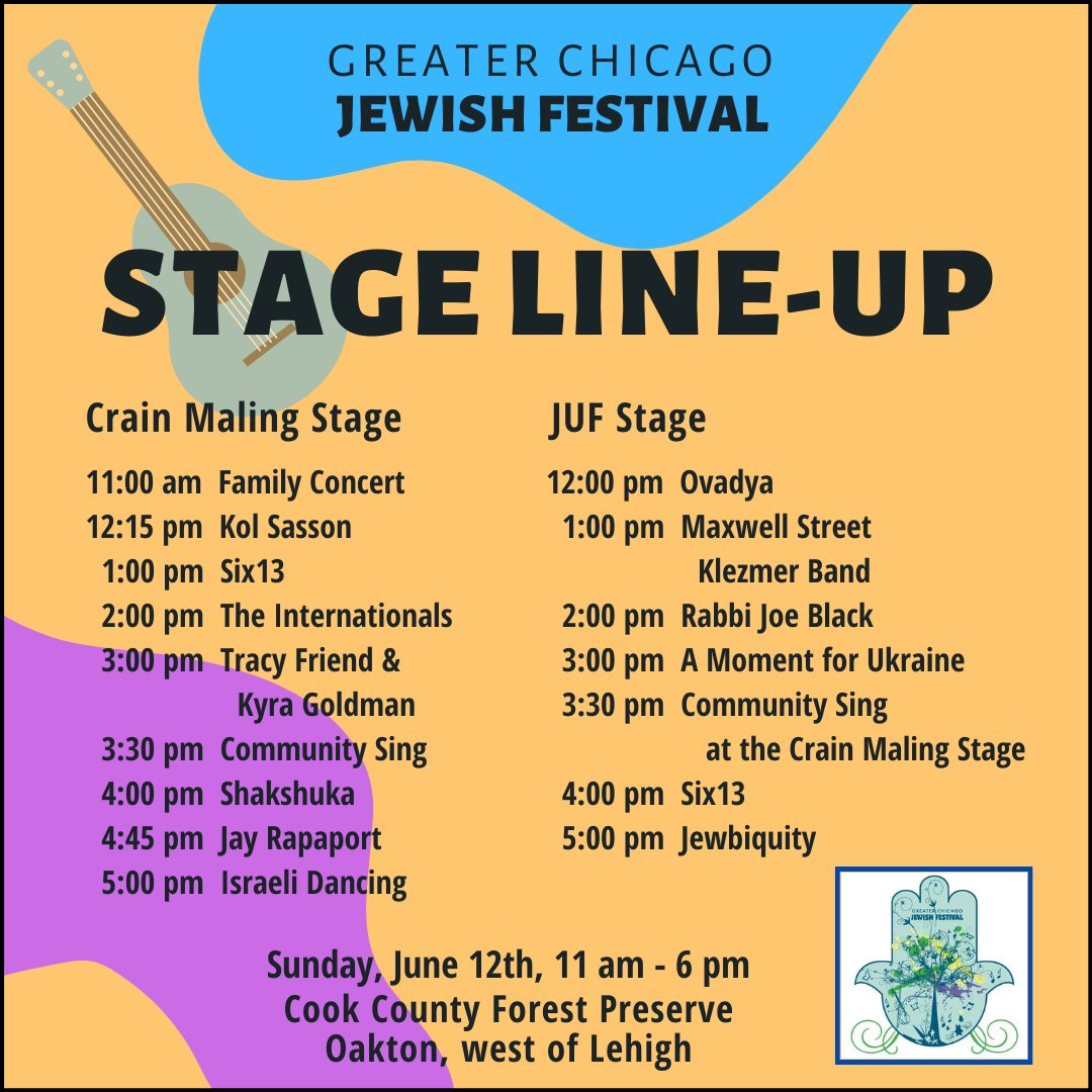 ChiJFest's tweet photo. Check out our Stage Line-Up and plan your day at the Festival! 
The Greater Chicago Jewish Festival is the largest Jewish cultural event in Chicagoland and the longest running Jewish Festival in America! Join us SUNDAY, JUNE 12th!  https://t.co/bHrFiQnw1M https://t.co/wxkkjo8nrq