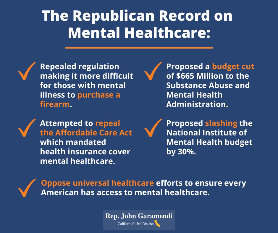 RepGaramendi's tweet photo. Let’s dispense with the lies. Republicans only talk about mental healthcare when it’s time to protect the NRA. They only want to address mental health as a deflection from common-sense gun reform. We need to get assault weapons off our streets and fund mental health treatment. https://t.co/ZrvPjJ0Kyy