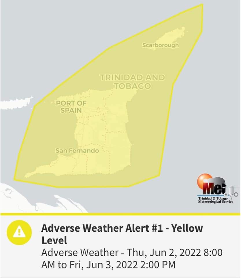 Adverse Weather Alert #1 - Yellow Level in effect for Trinidad &amp; Tobago from Thu, Jun 2, 2022 8:00 AM
until Fri, Jun 3, 2022 2:00 PM!

Issuance time (local time) Wed, Jun 1, 2022 3:57 PM

To view Alert, visit:
metoffice.gov.tt/early_warning