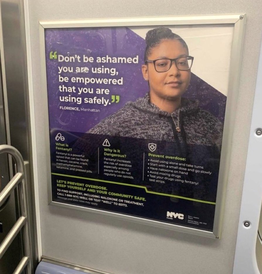 Jusrangers's tweet photo. Note the stark difference between these two subway ads.

The left ad is harm reduction, accepting very dangerous drug use in the hope of preventing overdoses.

The right ad is “abstinence only,” discouraging even masked socializing because Zero COVID is all that matters. https://t.co/fmKaosTj5Q