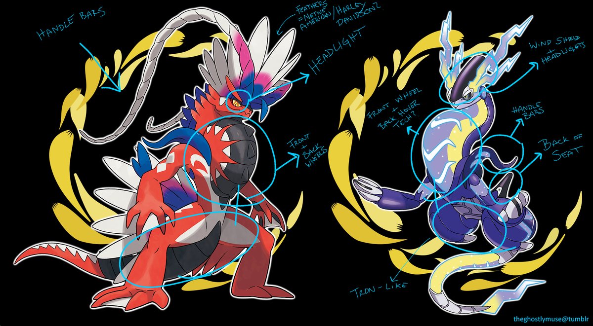 I'm just gonna leave this visual art analysis right here and you all can see the influence I see in these guys. #PokemonScarletViolet #pokemonspoilers #Pokemon #Koraidon #Miraidon Either way, I am so ready to make friends with a motorcycle dragon! Koraidon even matches my mohawk!