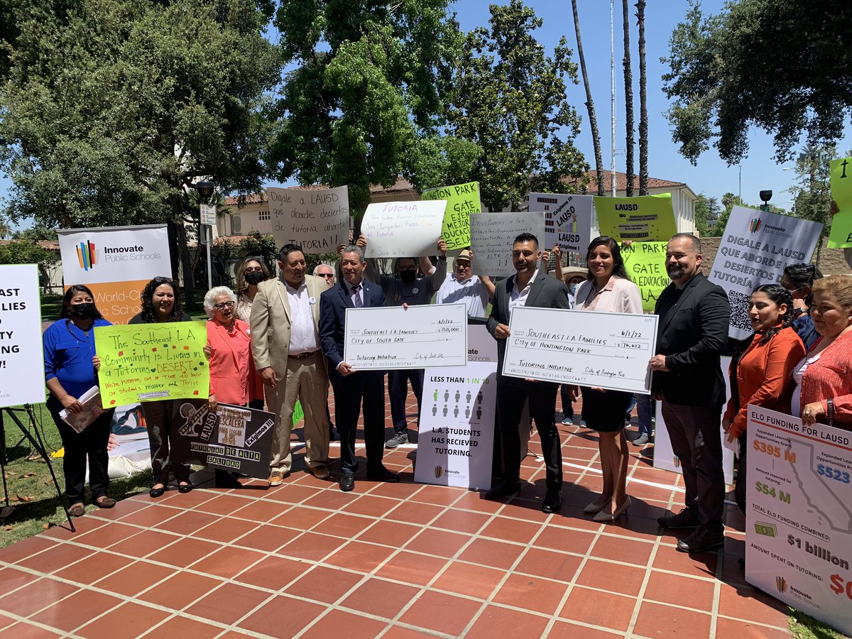 Evaleman's tweet photo. Parent leaders from @InnovatePS_LA, residents of @City_of_HP and @SouthGateCAgov, call on @LASchools to address tutoring deserts in their communities. The two cities are investing more than $200k in tutoring in #SELA. We need #LAUSD to invest funds earmarked for recovery. https://t.co/PkADjNRsm0