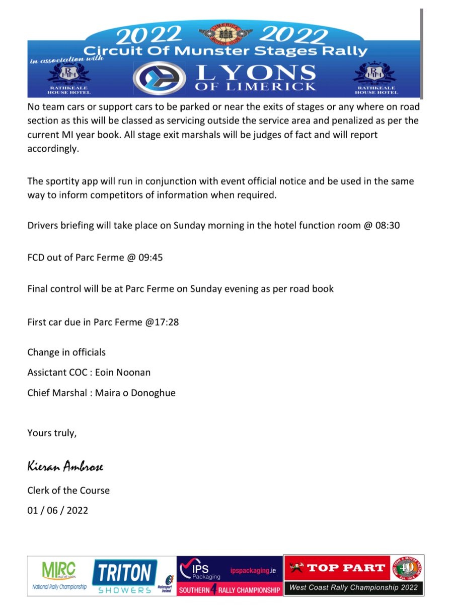 Heads up if your competing in this weekends Lyons of Limerick Circuit of Munster Rally - Final Instruction 1 is now out on Sportity!
