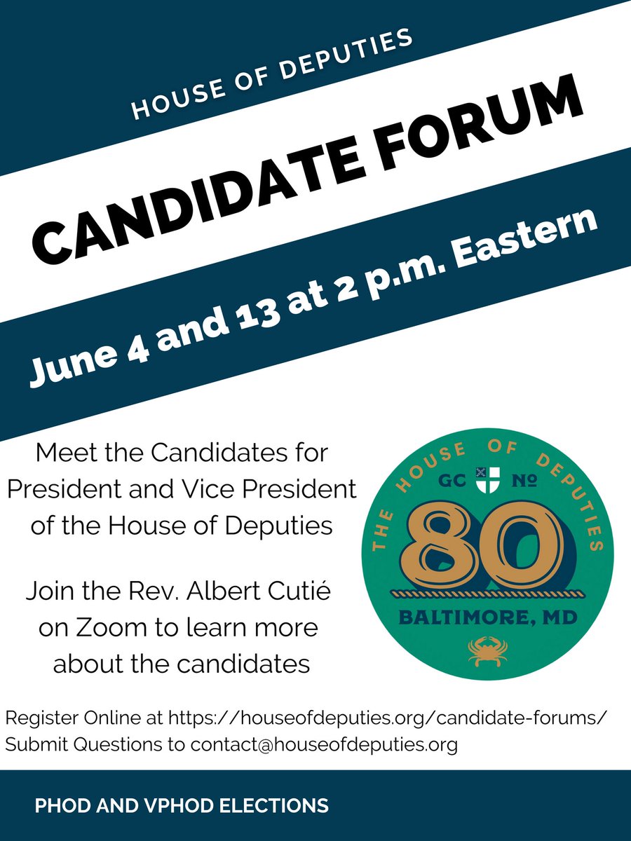 Deputies and alternate deputies will hear from candidates for PHoD and VPHoD during forums taking place Saturday, June 4 at 2 p.m. Eastern and Monday, June 13 at 2 p.m. Eastern. <a href="/padrealberto/">-</a> will moderate the forums. Register and learn more: houseofdeputies.org/candidate-foru…