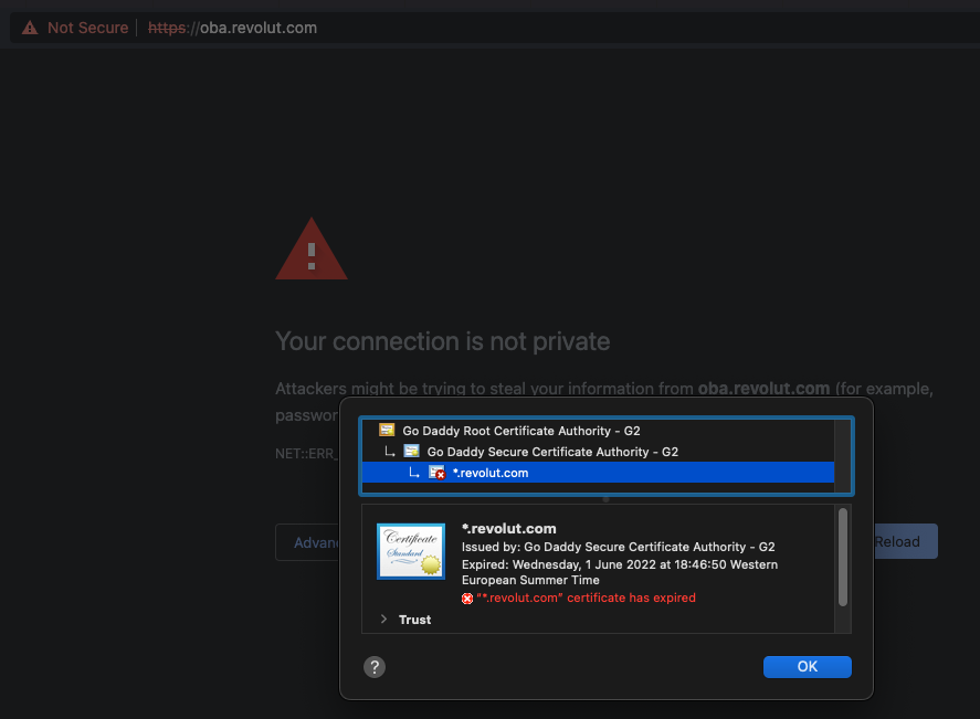 beleidy_'s tweet photo. @RevolutApp Your open banking domain SSL certificate has expired? https://t.co/xlCJ1FF40e