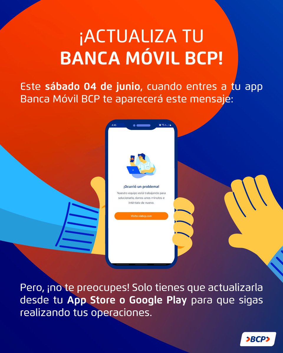 BCPComunica's tweet photo. Este sábado 4 de junio saldrá la nueva actualización de tu Banca Móvil BCP, 📲  por eso para que sigas realizando tus operaciones, primero tienes que actualizarla ¡Tranquilo, es rápido y fácil! 💪 https://t.co/UJFNKDHJvu