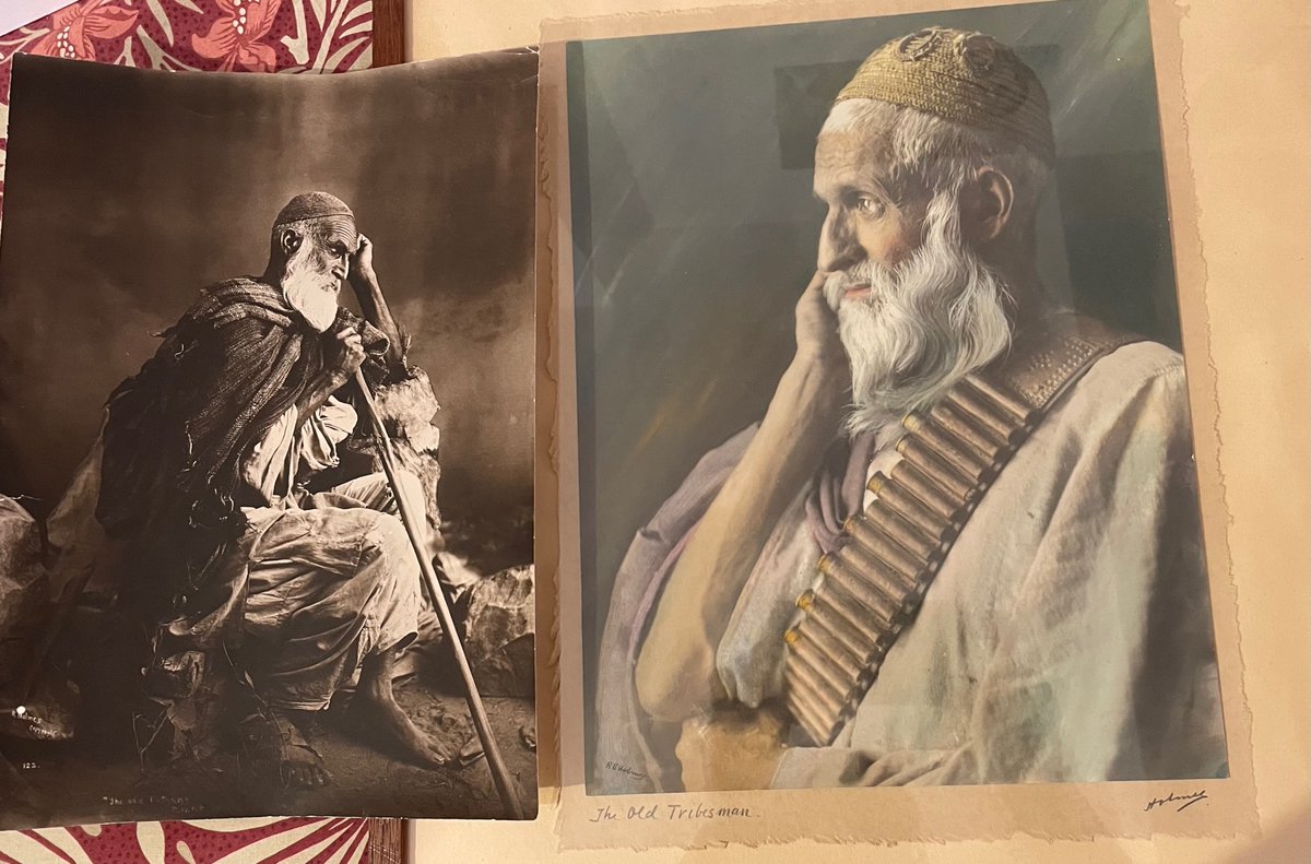 farHos2's tweet photo. Left 'The old pathan' Right  'old grey beard' by R B Holmes of Peshawar. Holmes left after Pakistani indepedence for New Zealand where his photos R housed. Holmes hand painted bw photos like 'old grey beard'. Painted photos R known as oil brom. Farrukh Husain collection. https://t.co/8TbOuDJ41x
