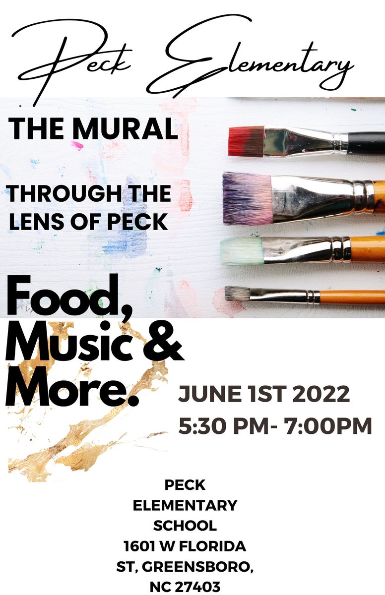 GCS_SEL_Office's tweet photo. Peck Elementary is having the unveiling of their new Mural! Come out for food, crafts, and fun! #TransformativeSEL @PeckElem1718 @AshleyRoseWT @GCSchoolsNC @caselorg https://t.co/0psjU7w4wO