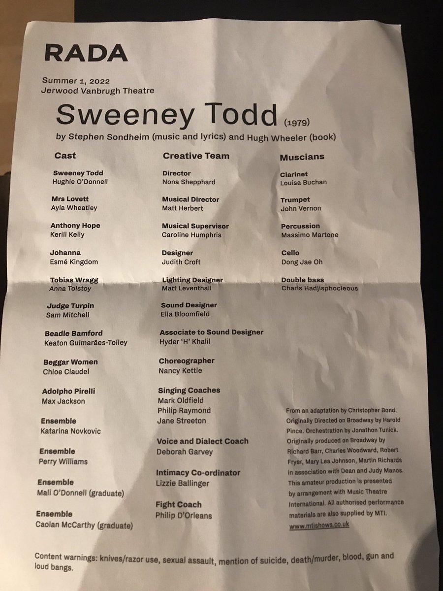 A fantastic #SweeneyTodd show at @RADA_London tonight. Absolutely brilliant with flawless performances from all the cast! Many congratulations! Half time now.