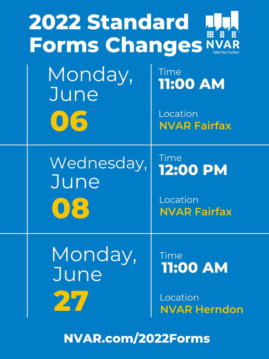 NVAR Standard Forms change and update twice a year and one of the changes is coming up! Learn about all of the updates during the upcoming Lunch &amp; Learns.

Learn more at NVAR.com/2022forms!
