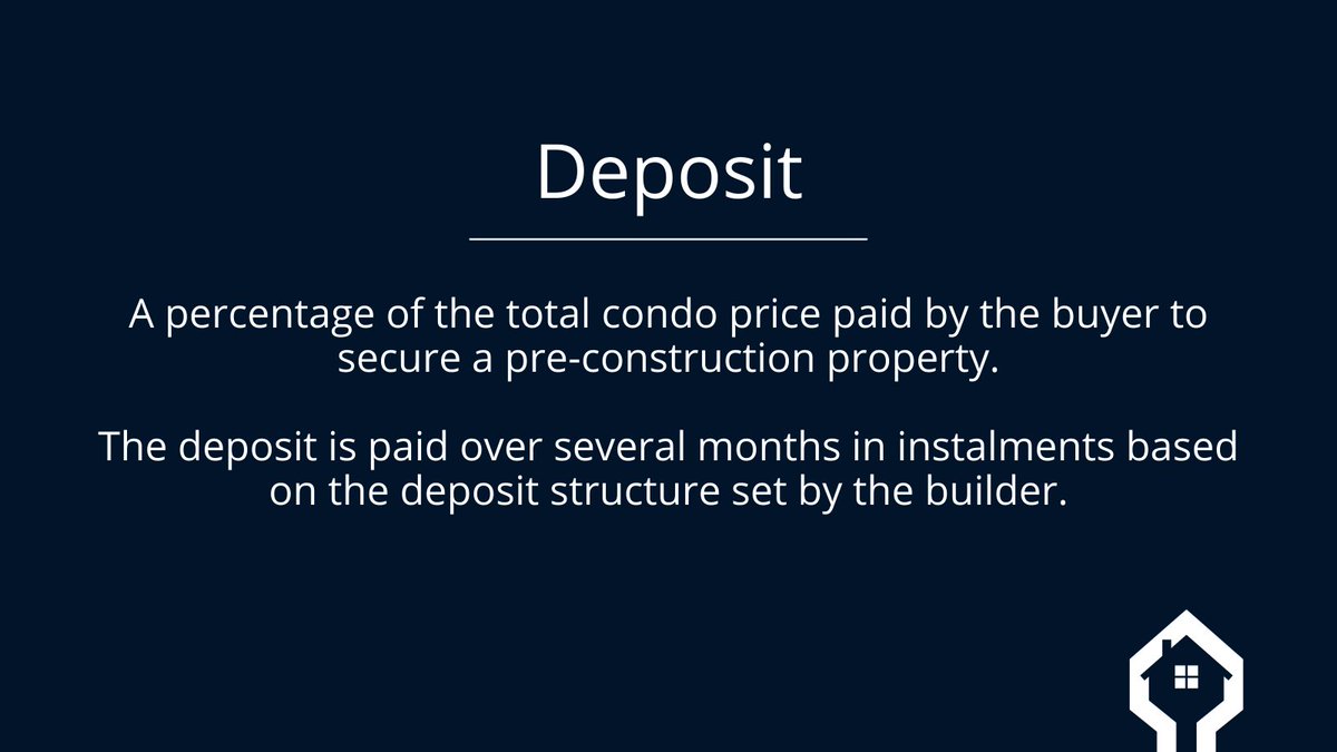 #PreconTerm - Deposit: A deposit is what a builder requires prior to the closing of your unit, typically broken down into instalments over a few months. The minimum deposit required by builders is typically 20%, but can vary from builder to builder. 

#precon #hauskey