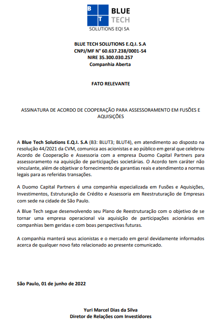 claudio_fei's tweet photo. Fato Relevante #BLUT3 / #BLUT4
Assinatura de Acordo de cooperação para assessoramento em fusões e aquisições com Duomo Capital Partners. https://t.co/KdvDopcIji