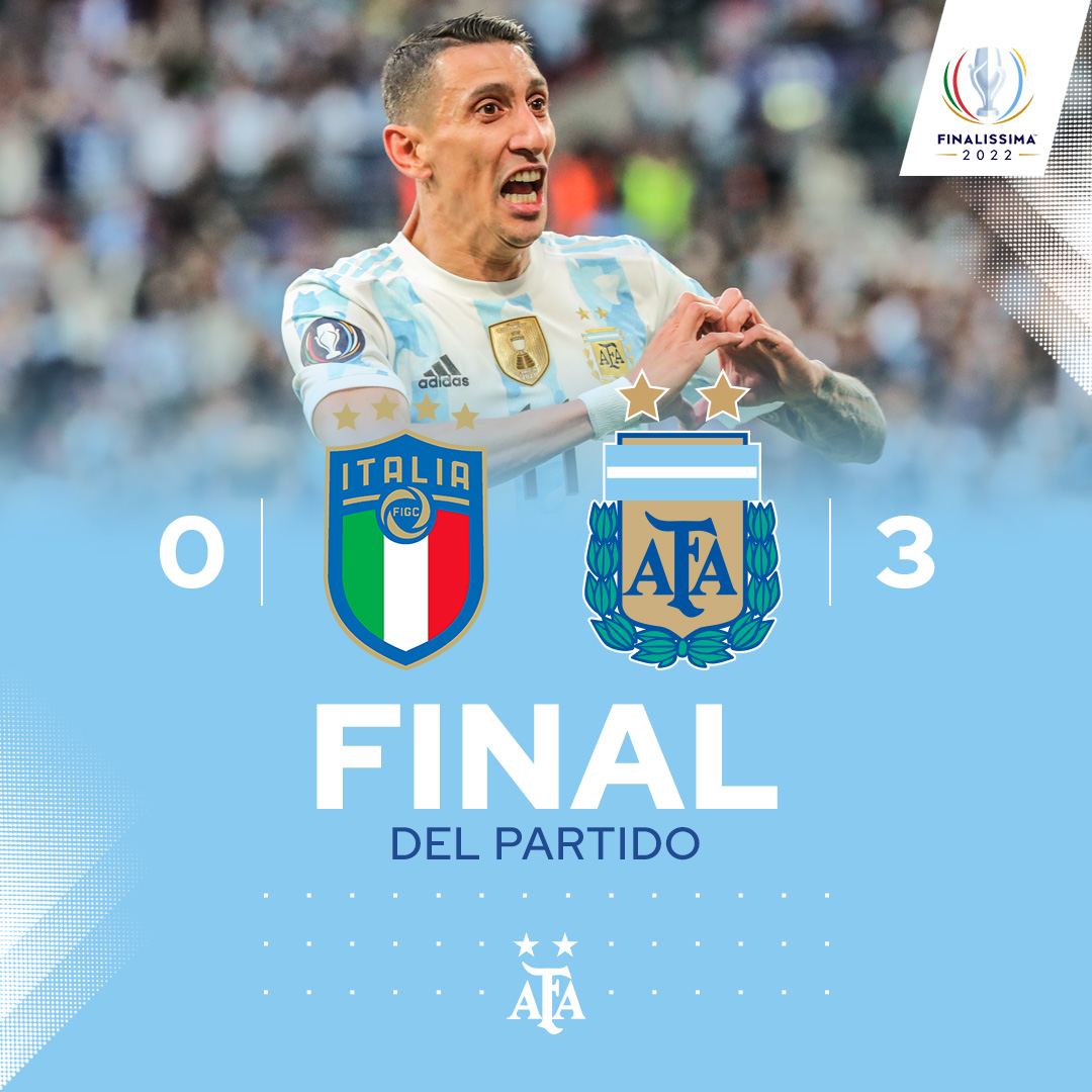 Argentina's tweet photo. 🏆 #Finalissima

🔝 ¡ARGENTINA CAMPEÓN! 🤩

🇦🇷 El equipo dirigido por @lioscaloni se queda con el trofeo internacional tras derrotar a #Italia por 3-0 (Martínez, Di María y Dybala). https://t.co/FeOjoPwvYG