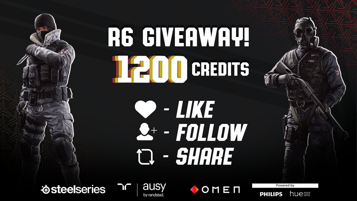 R6 GIVEAWAY 1200 CREDITS

All you have to do is:
- Retweet the tweet
- Follow @ChocoBjorn_r6  and @kvm_esports
- Tag 2 of your friends