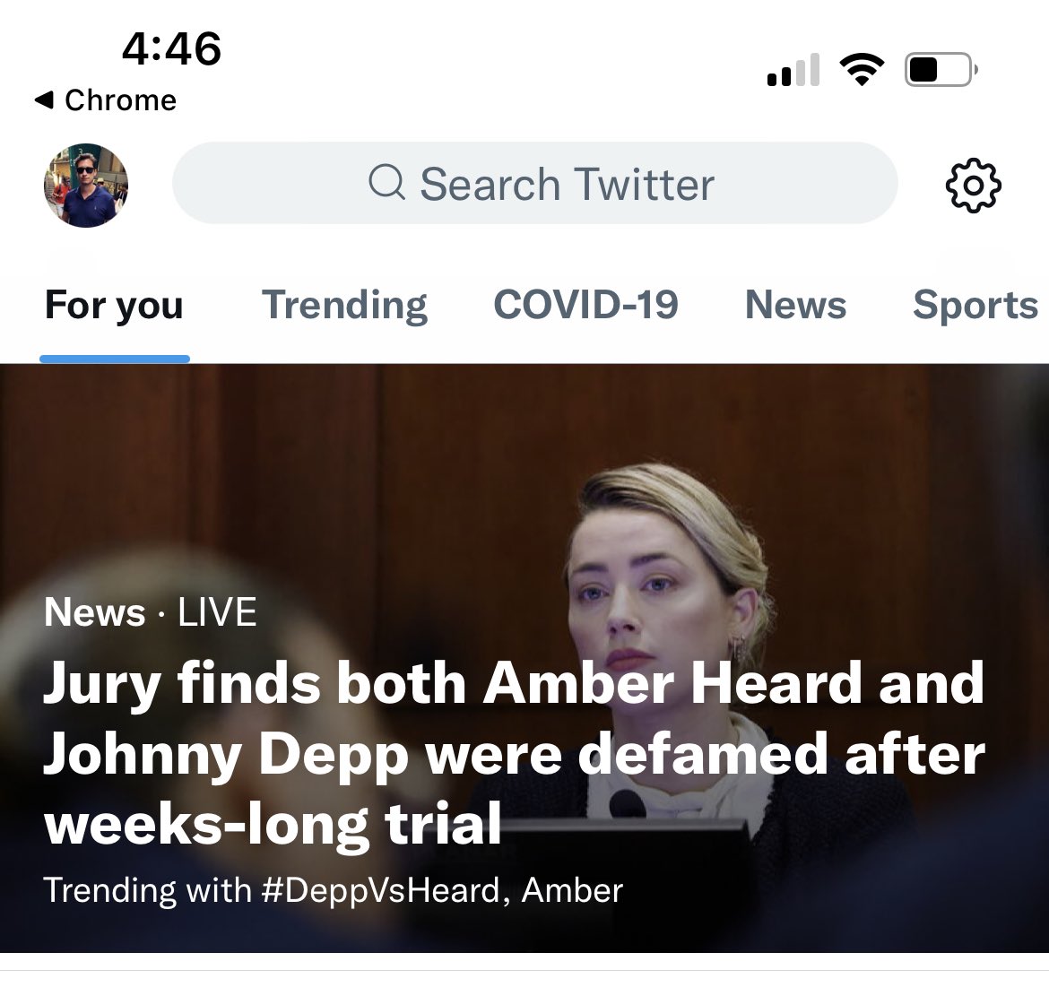 Lol <a href="/Twitter/">Twitter</a> this is a joke of a headline. Johnny Depp the overwhelming victor, Amber Heard found guilty with malice. Great job misleading as always 👍
