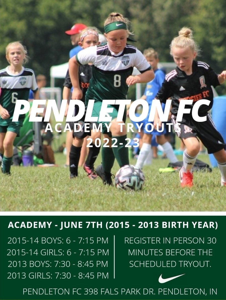 Pendleton_FC's tweet image. 2022-23 Pendleton FC Academy Tryouts, June 7th, for Boys and Girls 2015-2013 Birth Year. Take your love of the game to the next level in a fun competitive player centered environment! For more information, visit our website, pendletonsoccer.com.