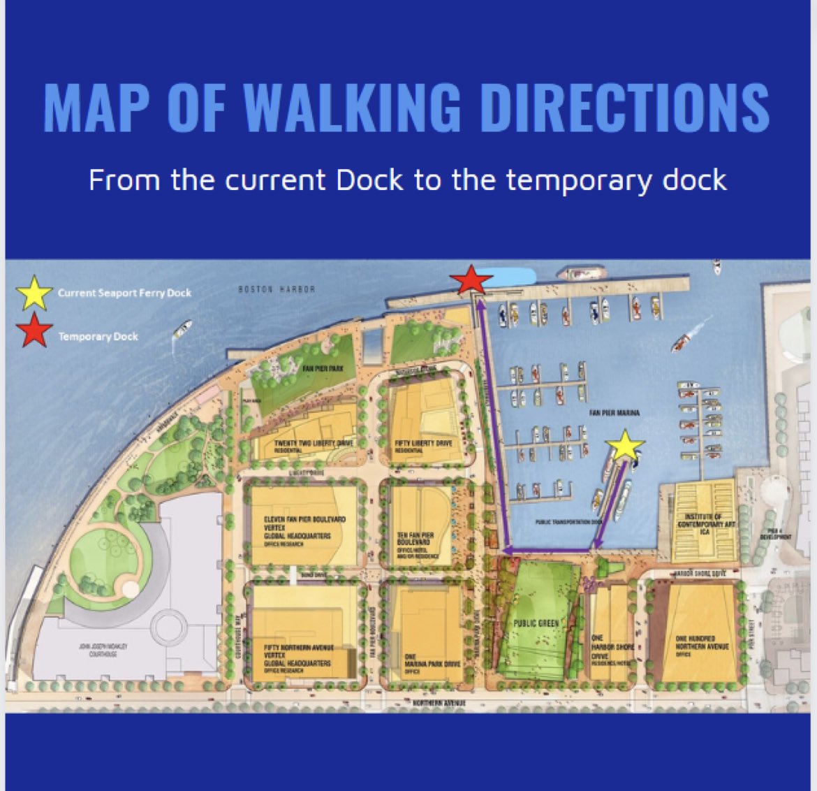 FanPierBoston's tweet photo. The @SeaportFerry stop at Fan Pier has been temporarily relocated in advance of the @redbull Cliff Diving event later this week. Thanks to @SeaportTMA for the map indicating where to board. 🛳 https://t.co/uTfX4P1P9m
