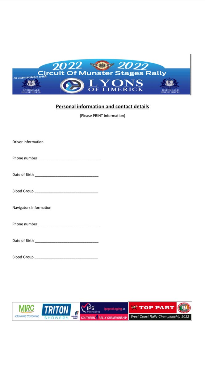 Competitors taking part this weekend in The Lyons of Limerick Circuit of Munster Rally this info is for you - Please print off &amp; fill in both the Personal Info Sheet along with Recce Registration Sheet from Sportity which will help speed the process up at sign on Saturday a.m!