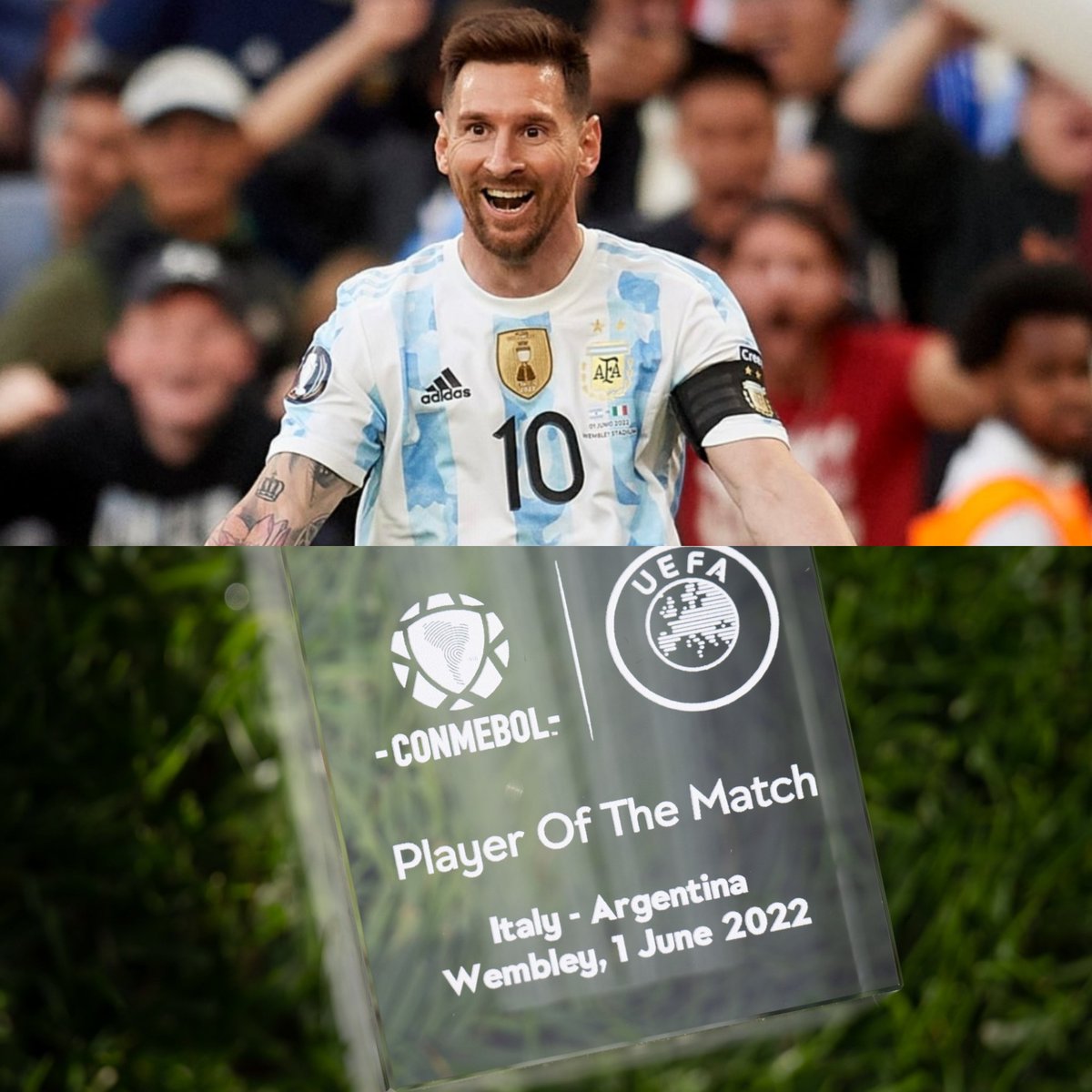InvictosSomos's tweet photo. Lionel Messi fue reconocido como el MVP de La Finalissima entre Argentina e Italia. Capaz de ser la figura en una noche en la que no convirtió. Así de grande es su fútbol. OTRO NIVEL DE LEYENDA. https://t.co/IW1DPkmk0m