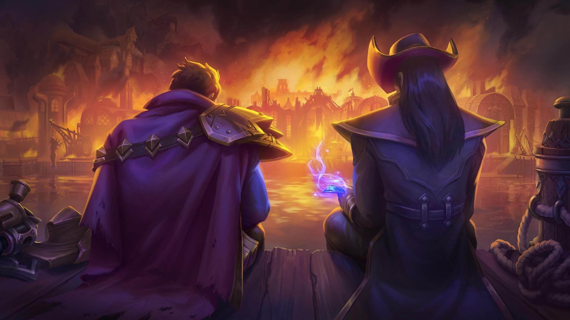 Imagem de divulgação do conto LGBT do Orgulho 2022 do League of Legends: "Bambolini e os Rapazes". Nela, Graves e Twisted Fate sentam lado a lado.