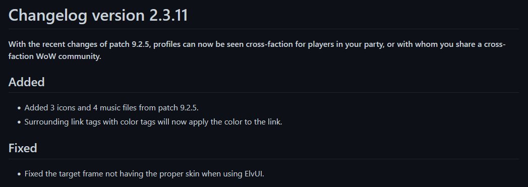 TotalRP3's tweet photo. Total RP 3 version 2.3.11 is now available for patch 9.2.5.
With the addition of cross-faction groups and communities, profiles should now be visible for players of the opposite faction if you're in the same party or share a WoW cross-faction community. https://t.co/nOSaL7zivt
