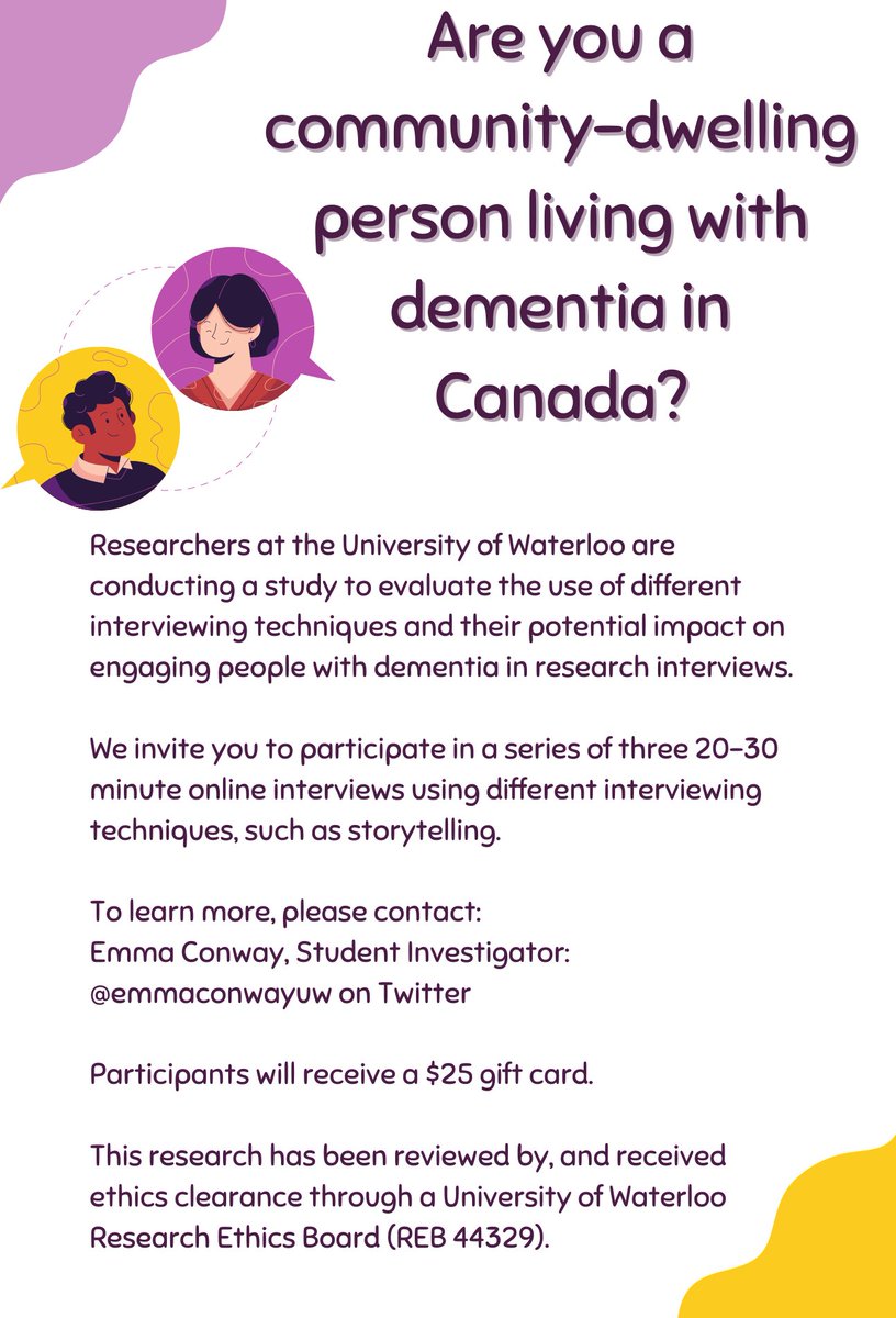 Researchers at the University of Waterloo are seeking people living with dementia in Canada to participate in 3 online interviews using different techniques. This study evaluates the use of different interviewing techniques and their potential impact (REB 44329).