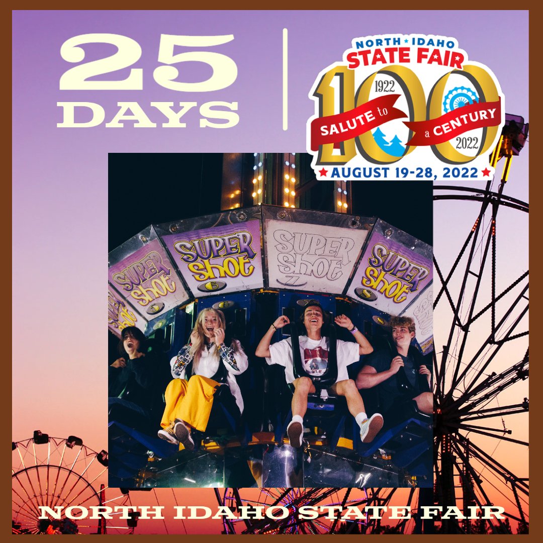 NIdahoStateFair's tweet photo. 25 days until we 'Salute to a Century' and celebrate 100 years of Fair Fun at the North Idaho State Fair!  

Make sure you get your carnival ride wristbands early! https://t.co/ehbu38jaoZ

#NISFairFun #SaluteToACentury #100YearsOfFun https://t.co/yeurQwJznS
