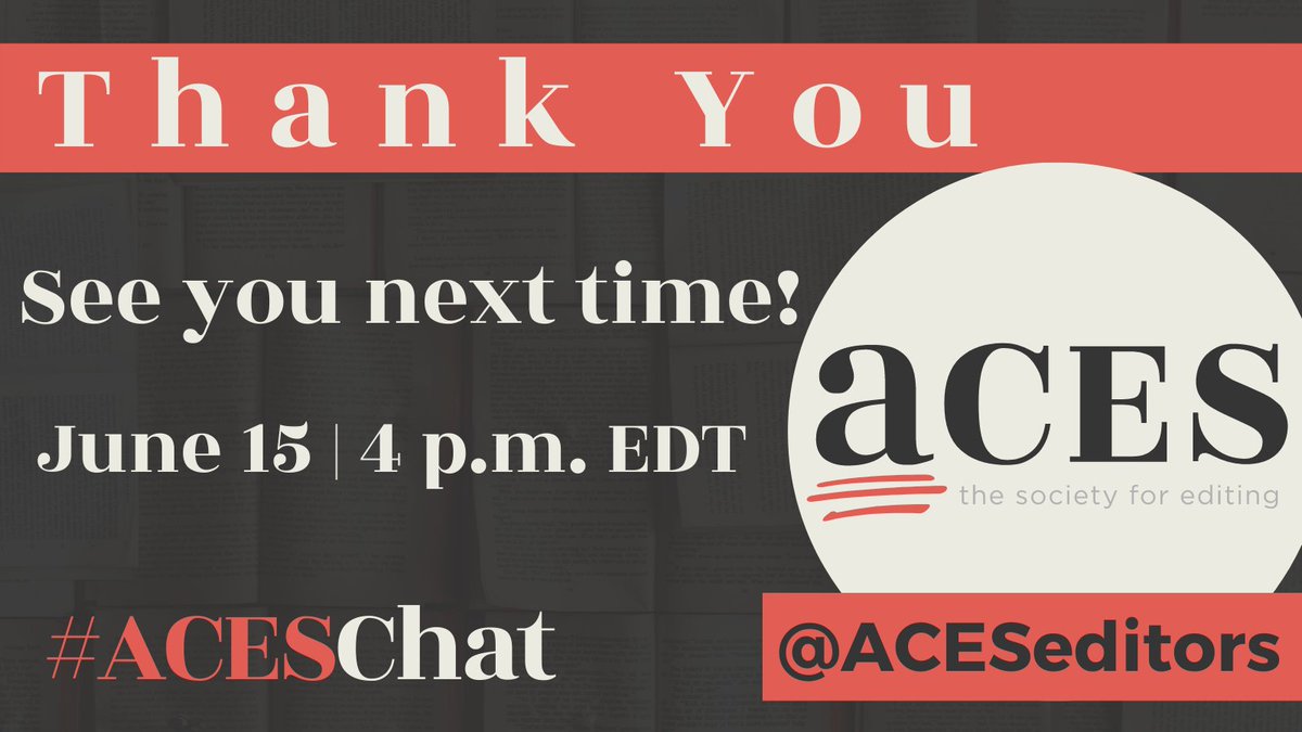 Thank you to <a href="/bradscriber/">Brad Scriber</a> and everyone who joined us today. 

Don't miss our next #ACESChat with <a href="/sesquiotic/">James Harbeck, sesquiotic.bsky.social</a> on June 15 at 4 p.m. EDT.

You can read previous chats here: aceseditors.org/resources/aces…