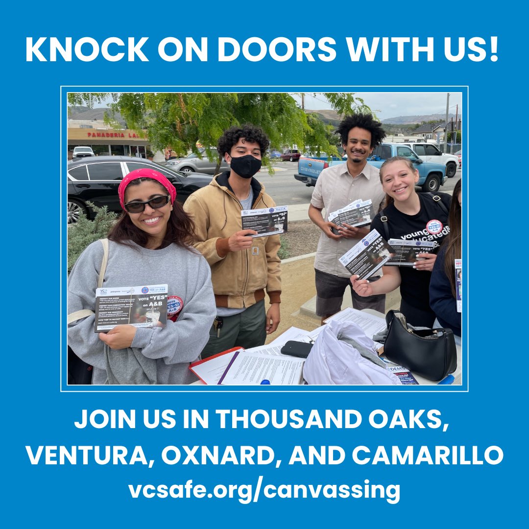 VCSAFE's tweet image. 🗳There is less than a week until Election Day! We are knocking on doors every day until June 7th to get out the YES vote on Measures A &amp;amp; B.

Join us weekdays 4-7 pm and this weekend from 9 am-12 for the final push: vcsafe.org/canvassing 

#yesonAandB #VenturaCounty