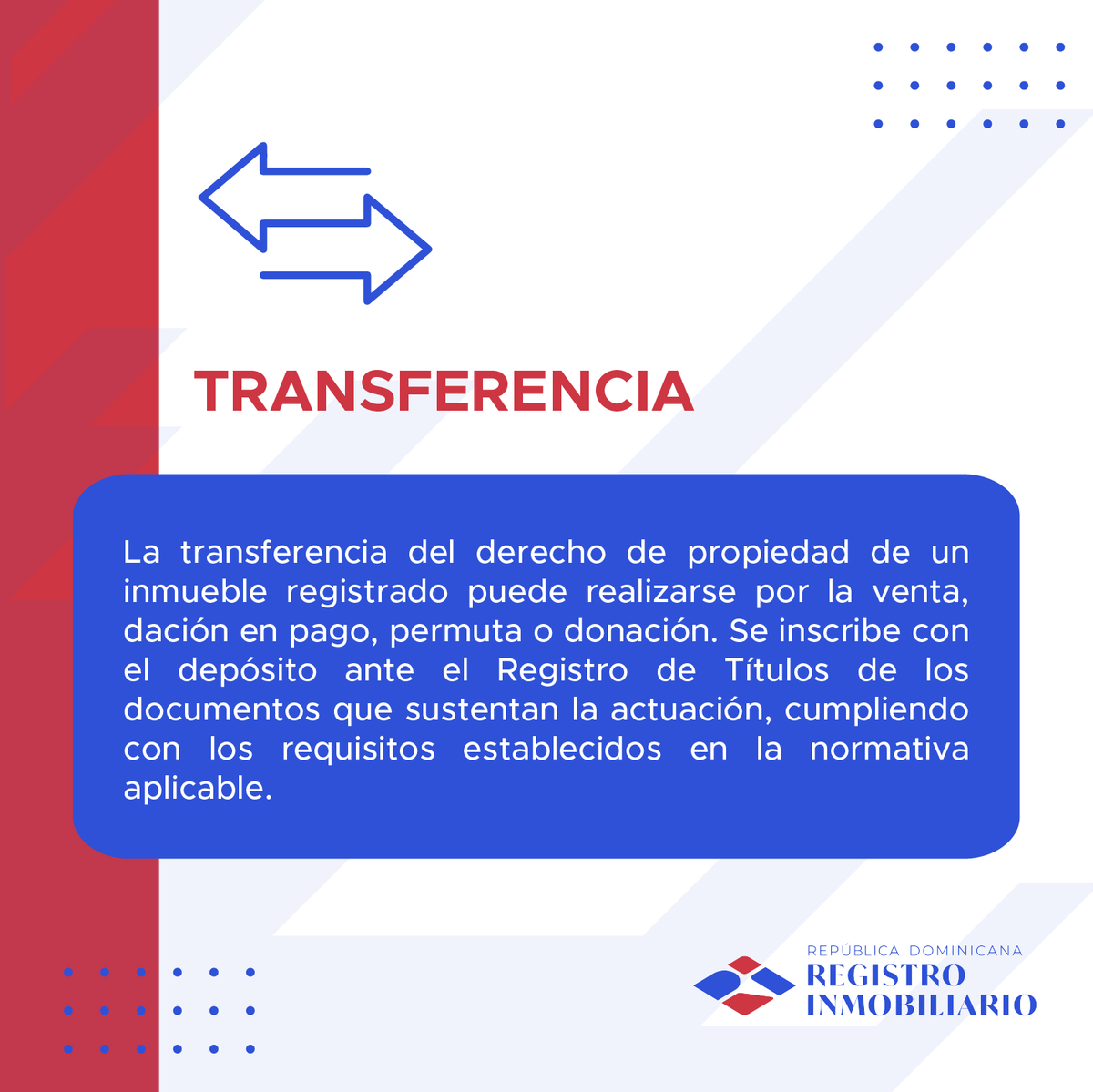rinmobiliariord's tweet photo. La transferencia  es uno de los trámites más comunes en el Registro Inmobiliario. 

Si deseas saber cuáles son los requisitos que necesitas para este procedimiento, puedes acceder a la disposición técnica para requisitos de actuaciones registrales en https://t.co/SOGwwXc34A. https://t.co/4Q6jGzY0PO