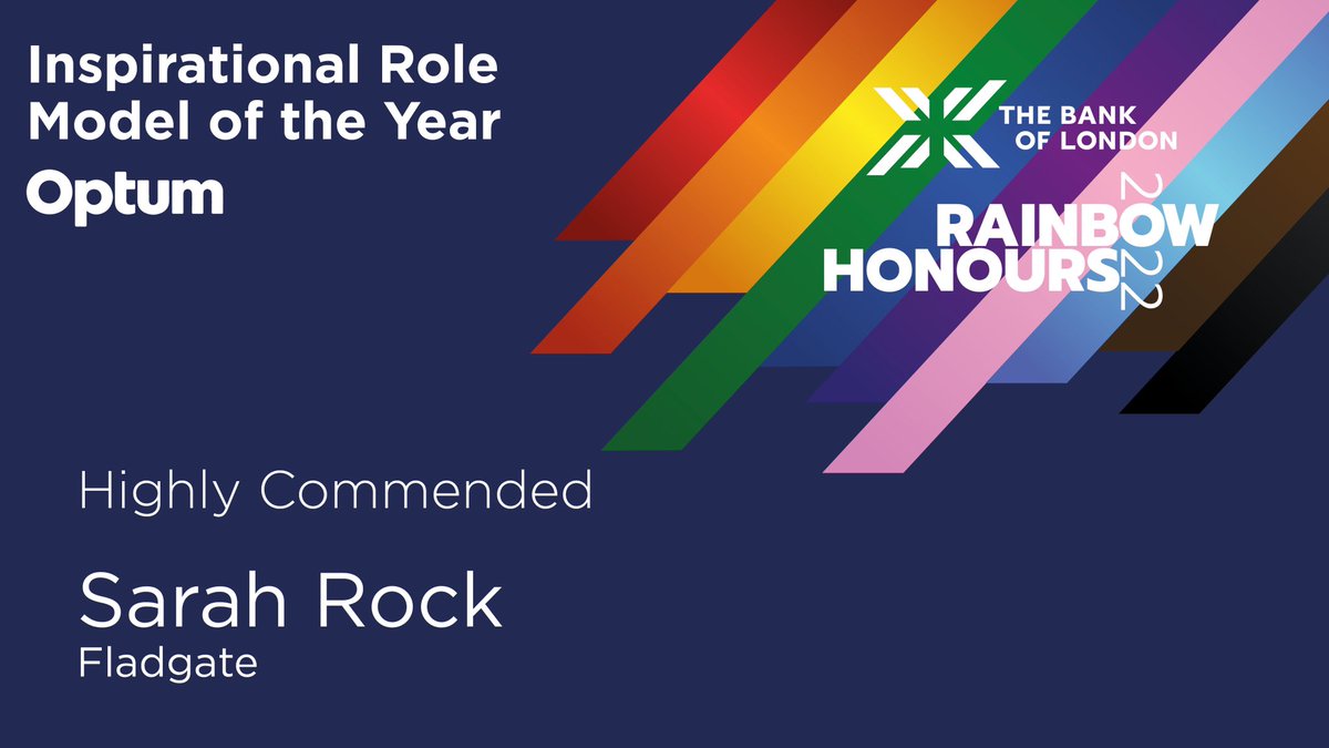 It's time for the <a href="/Optum/">Optum</a> Inspirational Role Model of the Year Award. Highly Commended is <a href="/sarahrocklaw/">Sarah Rock</a> <a href="/fladgatelaw/">Fladgate LLP</a>. Congratulations, Sarah! #TBOLRainbowHonours22 rainbowhonours.com