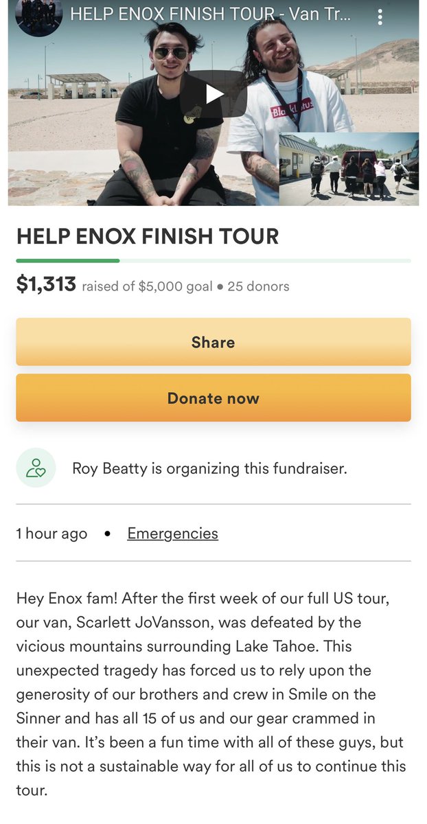 ENOXband's tweet photo. We never wanted to have to do this, but our van took a major shit in Lake Tahoe and we need some help to finish out the next month and a half of tour. Anything helps, even just a retweet 
https://t.co/X5AOAo5eFQ https://t.co/SW7mkgKuDR
