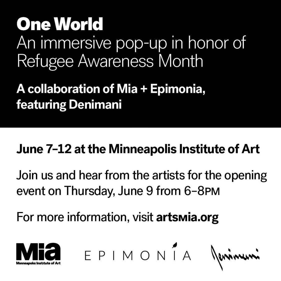 Epimoniamn's tweet photo. In recognition of June as Refugee awareness month, Epimonia is excited to partner with @artsmia and artist @denimani for an immersive pop-up experience that elevates the refugee crisis. #worldrefugeemonth #RefugeesWelcome #artsmia #globalrefugee #epimonia https://t.co/xOQLUZ7xcO