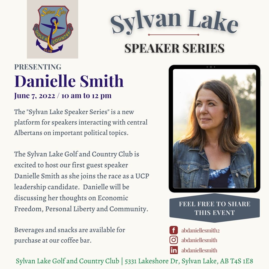 The team at SLGCC is excited to announce that we are opening up our space to involve central Albertans in shaping our future. Our "Sylvan Lake Speakers Series" is kicking things off with Alberta's own <a href="/ABDanielleSmith/">Danielle Smith</a> #albertapoli #cdnpoli #canada