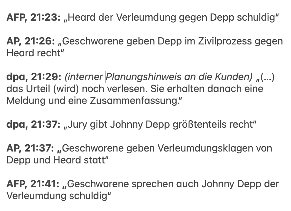 Interessant: Die Agenturen AP und AFP warteten nicht ab, bis das Urteil im Prozess #DeppVHeard verlesen war, und eilmeldeten die halbe Geschichte. 

<a href="/dpa/">dpa</a> wartete ab und informierte seine Kunden darüber.