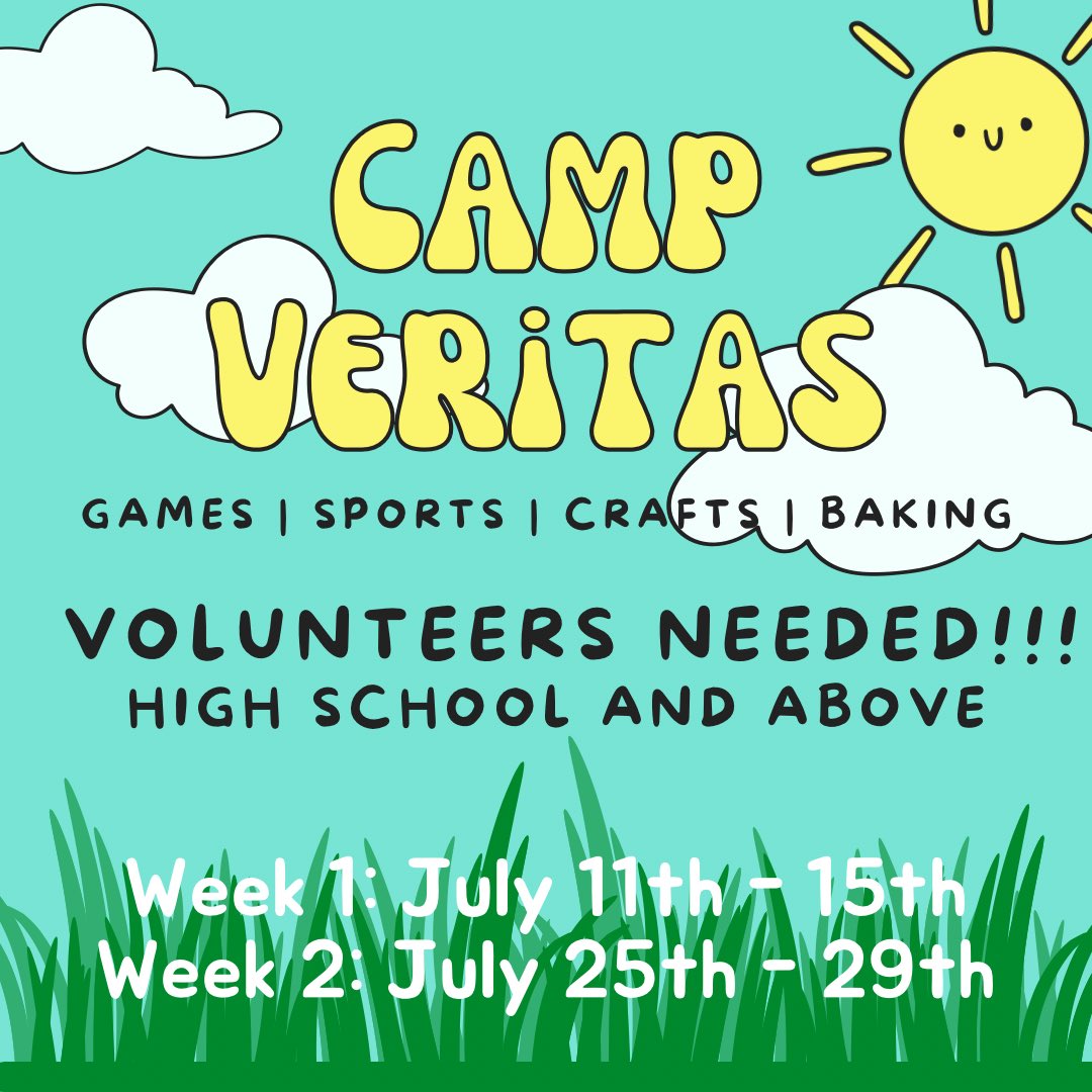 Camp Veritas is BACK and we can’t do it without our amazing team of volunteers!!
Interested? Want more info? Send us a DM 😎
We are offering a SECOND week this summer, so let us know if you’d like to help with one or both weeks 🎉🙌