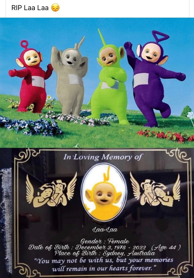 LowkiiGaming's tweet photo. She was my favorite character growing up. She taught me so much as a kid 😢 Fly high Laa-laa gone but never forgotten #RIPLegend #laalaa #Trending #RIPKK #Generations #Teletubbies #loveislove #instagram https://t.co/2Yio06tsTV