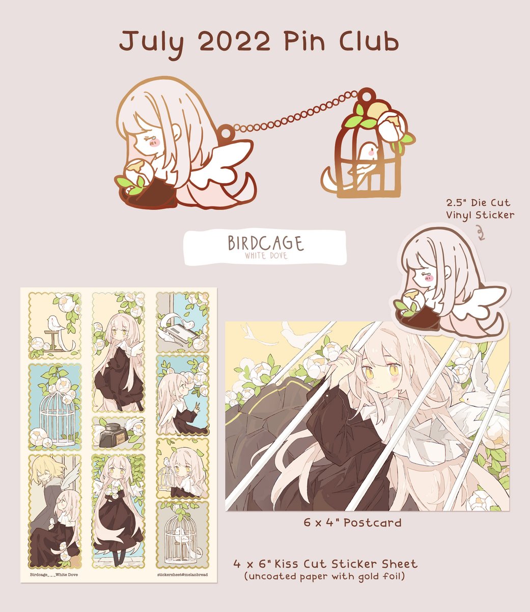 July's Patreon theme is "Birdcage - White Dove" featuring my original character trapped in an isolated world. 
This month's merch will be a special pin set, postcard, sticker sheet w/ gold foil accents, and vinyl sticker. Pledge during the month of July to get these shipped.⁣⁣ 