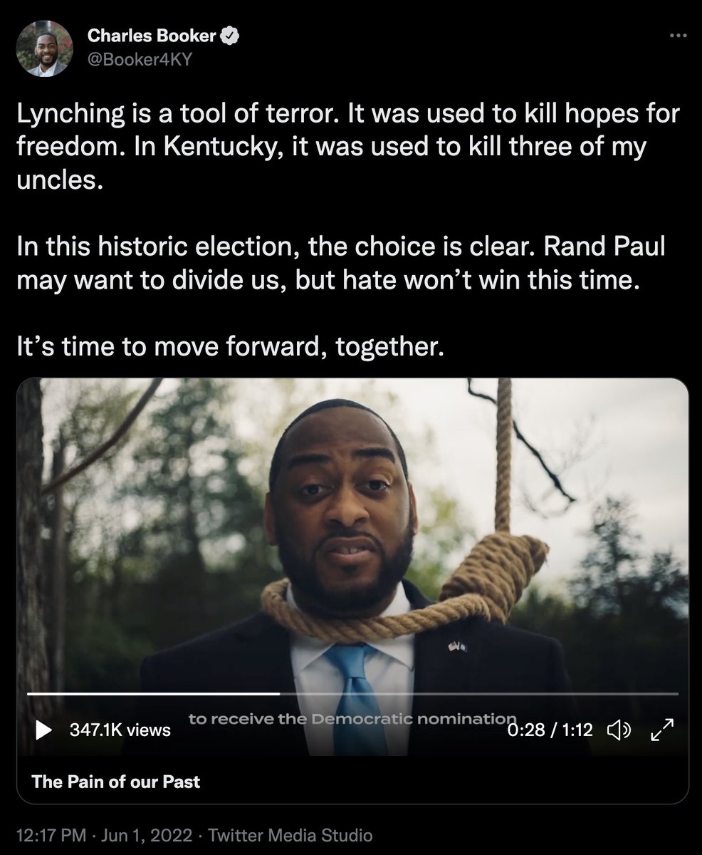 MrAndyNgo's tweet photo. .@Booker4KY is running to be a senator in Kentucky. He released a disturbing advertisement for his campaign where there is a noose around his neck. He suggests his opponent @RandPaul wants blacks lynched

He says 3 of his uncles were lynched. But at other times has said it was 2. https://t.co/x9kKofad0t