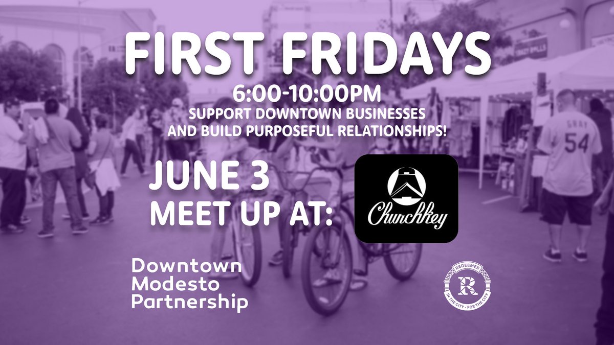 This Friday is another #FirstFriday even hosted by @DomoDistrict! We are going to meet up as a church community at @churchkeymodesto at 6pm and then walk over to 10th and J for First Friday festivities. See you then!