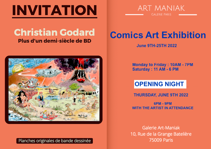 Godard_BD's tweet photo. Save the date! CHRISTIAN GODARD: OVER 50 YEARS OF COMICS ART. EXHIBITION AT THE ART-MANIAK GALLERY PARIS from June 10TH till June 25TH. Opening night June 9TH from 6pm till 9pm. #godard #artmaniak #gallery #artexhibition #comicsart #watercolours #originalcomicsart #frenchcomics https://t.co/6AP2Fwd935