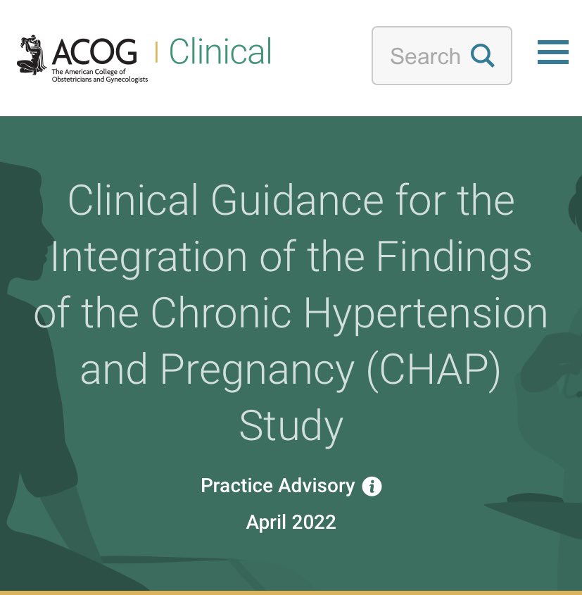 Based on #CHAP, @acog updated their guidelines & recommends utilizing 140/90 as threshold for initiation or titration of medical therapy for chronic hypertension in pregnancy, rather than the previously recommended threshold of 160/110 #CardioObstetrics acog.org/clinical/clini…