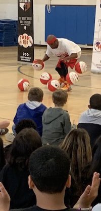 Corey the Dribbler met with our fifth graders to talk about character and show us some sharp basketball skills. 🏀Thanks PTO!